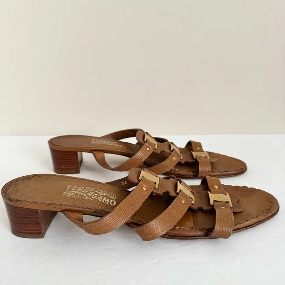 Salvatore Ferragamo Amatrice slide Leather Logo Buckle Block Heel Sandals 12 - Picture 10 of 15